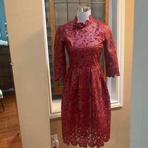 Red Floral Faux Leather Lace Midi Dress with Mandarin Neckline, 3/4 sleeves